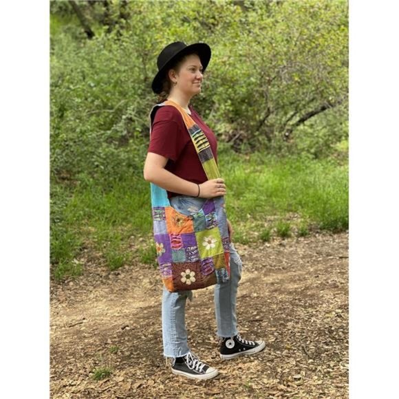 Happy Flowers Razor Cut Hippie Patchwork Sling Crossbody Boho Handbag Bohemian - Picture 5 of 6